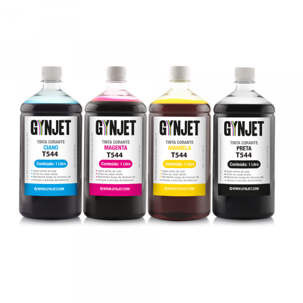 Kit 4x1Litro Cores Tinta Gynjet Corante Universal Compatível para Recarga de Cartucho Bulk Ink Tanque de Tinta CMYK