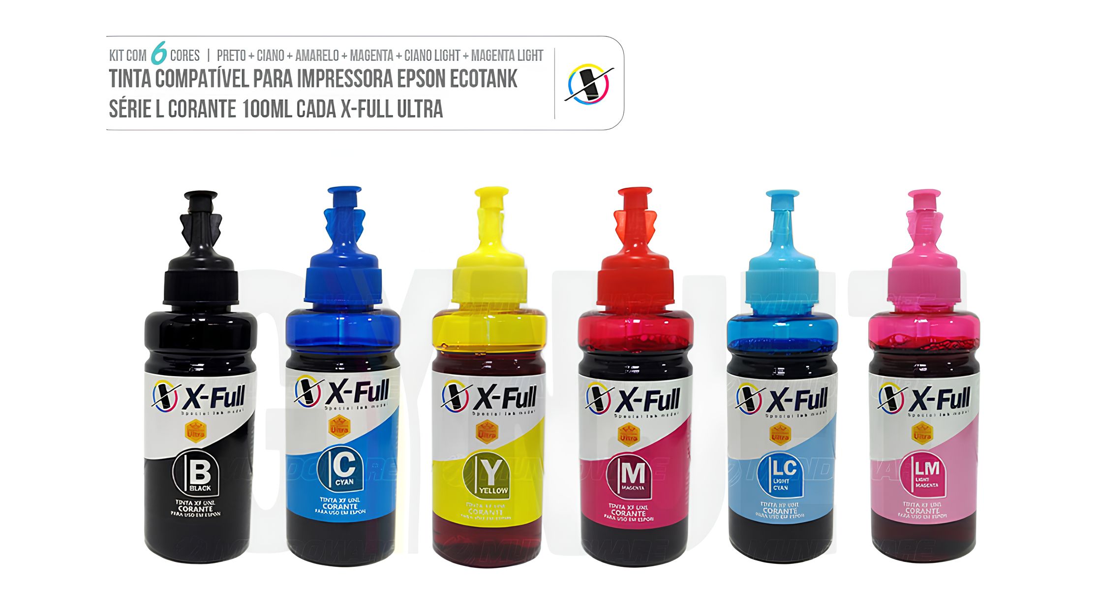 Kit 6 Cores Tinta Corante X-Full 664 / 663 Compatível para Epson Ecotank L800 L805 L810 L850 L1800 6x100ml